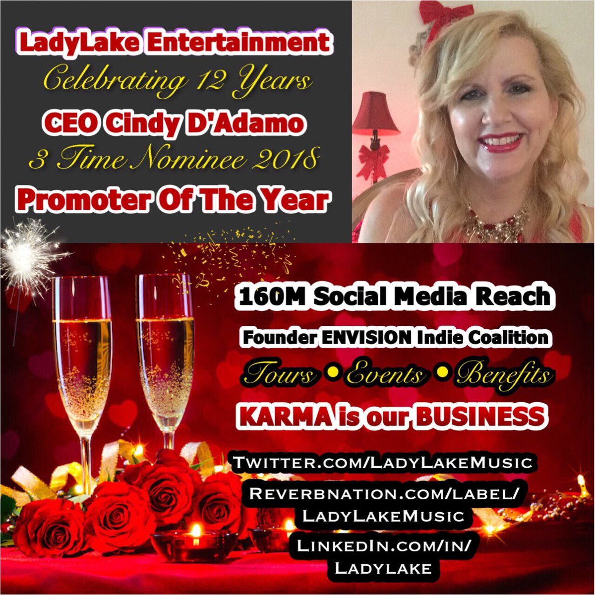 LadyLake PR 👑 (@ladylakemusic) on Twitter photo 💯🎶🌹❤️ Hello 2019!!
#Welcome to <a href="/LadyLakeMusic/">LadyLake PR 👑</a>
💯 160M #socialinfluencer
🌹 #Celebrating 12 Years
🎶 3 Time Nominee 2018 #PromoteroftheYear
❤️ #Tours #Events #Charity
💯 #Founder: #ENVISION
🌹 #Karma is our #Business
LinkedIn.com/in/Ladylake 💯🎶🌹❤️ Hello 2019!!
#Welcome to <a href="/LadyLakeMusic/">LadyLake PR 👑</a>
💯 160M #socialinfluencer
🌹 #Celebrating 12 Years
🎶 3 Time Nominee 2018 #PromoteroftheYear
❤️ #Tours #Events #Charity
💯 #Founder: #ENVISION
🌹 #Karma is our #Business
LinkedIn.com/in/Ladylake