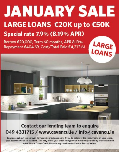 CavanCU's tweet image. JANUARY SALE!!!
Planning some Home Improvements or Buying a New Car? Then talk to one of our loan officers today about our Large Loans. #CavanCU #Largeloans #IfYoureSpendingCavanCUisLending