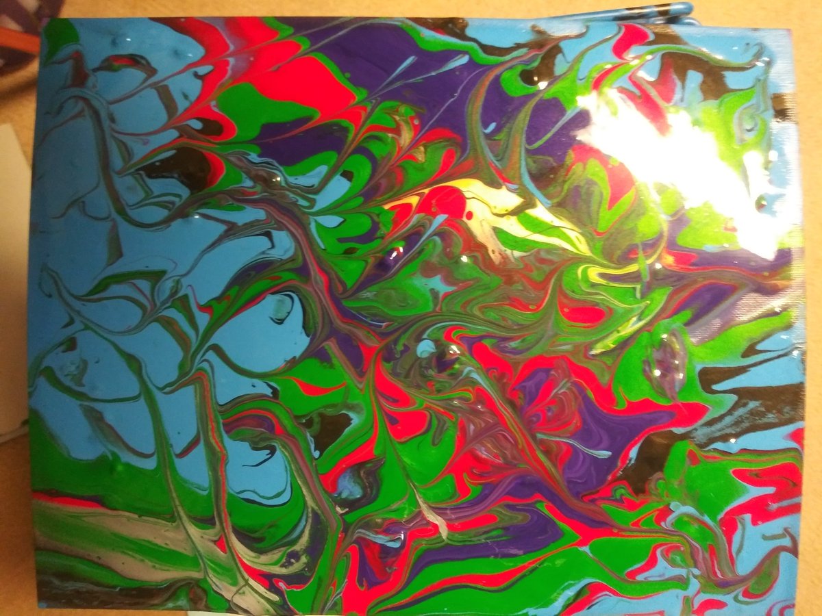 RevDrRaedorah's tweet photo. @RHackenberg @Litpreacher_wmn Ma'am, I just painted a piece yesterday that embodies this prayer! Acrylic remnants leftover from a planned piece. The grace of inspiration created this: no shards, no discard--God, good to the last drop. #dirtypour #sacredcreativity https://t.co/koeNbDy6Yn