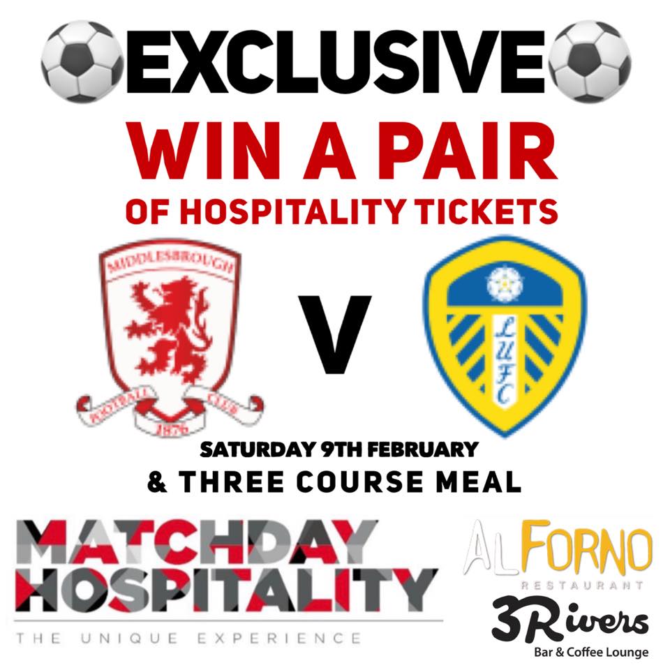 3riversingleby's tweet photo. WIN a PAIR of hospitality tickets for the @boro V @LUFC match!

You’ll be part of an EXCLUSIVE table of ten, receive a three course meal and for a chance to win, follow &amp; RT us.

We will announce the winner the week before. Good luck! 🍀 https://t.co/cAhzEjRz9i