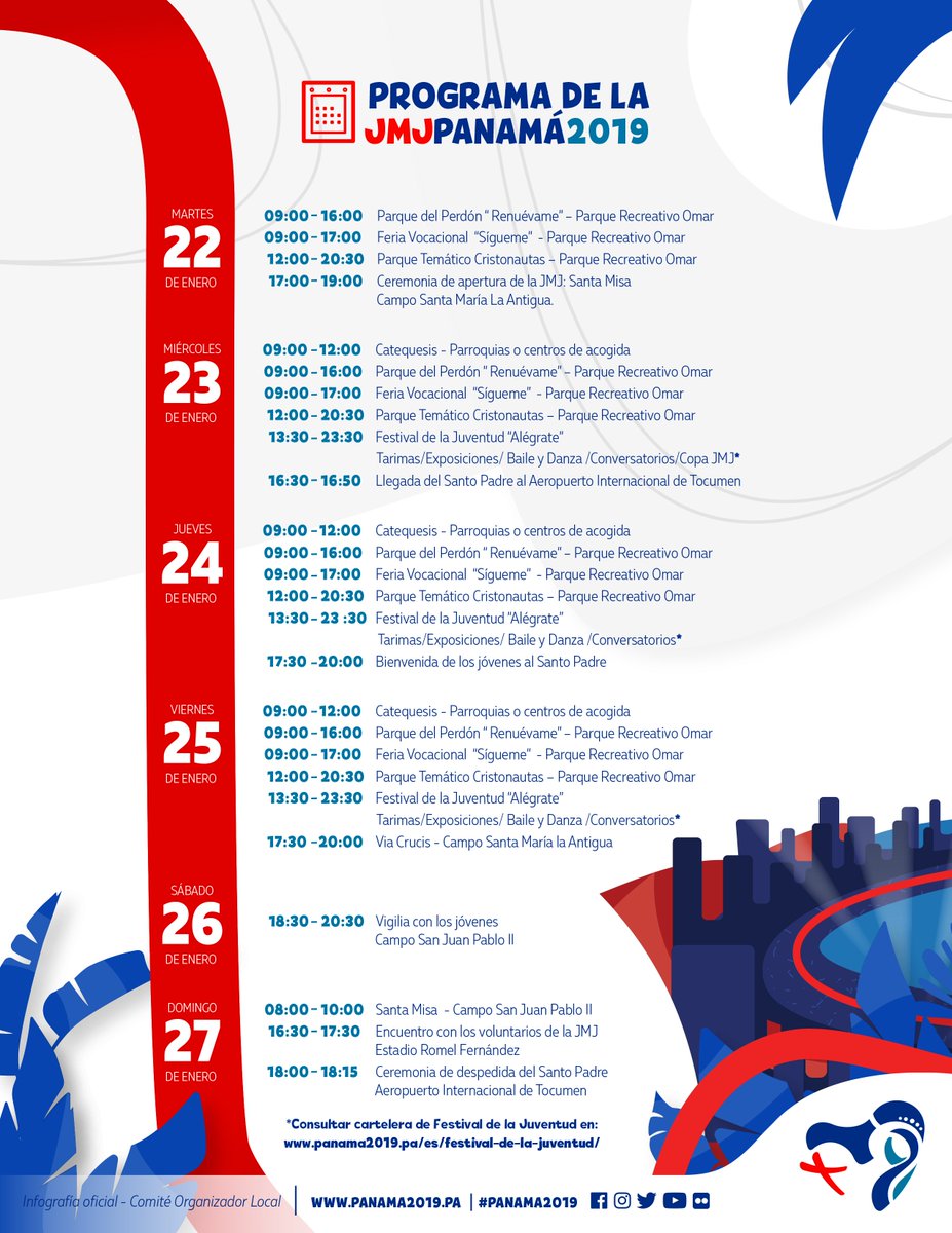 jmj_es's tweet photo. 🗓 Les compartimos el programa oficial de la Jornada Mundial de la Juventud #Panama2019 🇵🇦. Desde ya pueden ver todas las actividades en las que pueden participar del 22 al 27 de enero 2019. 🎉 #NosVemosEnPanamá #FranciscoEnPanamá https://t.co/RYPVwlHJYp