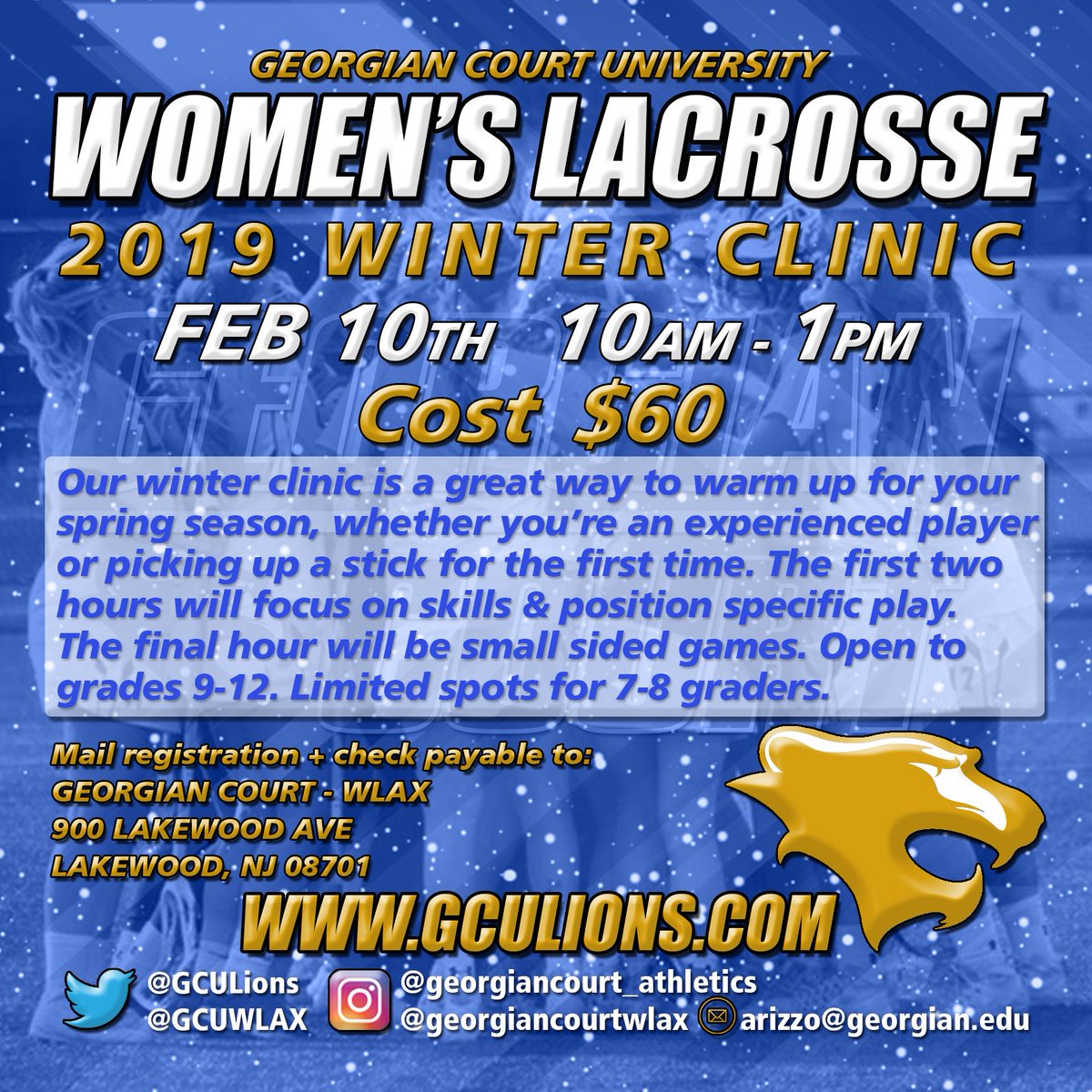 GCUWLAX's tweet photo. Need to prepare for the high school lacrosse season?! We got you covered! Come to our winter clinic, it’s less than a month away!!! Don’t delay sign up today!!! 🥍🦁 https://t.co/T17yZBFvgB