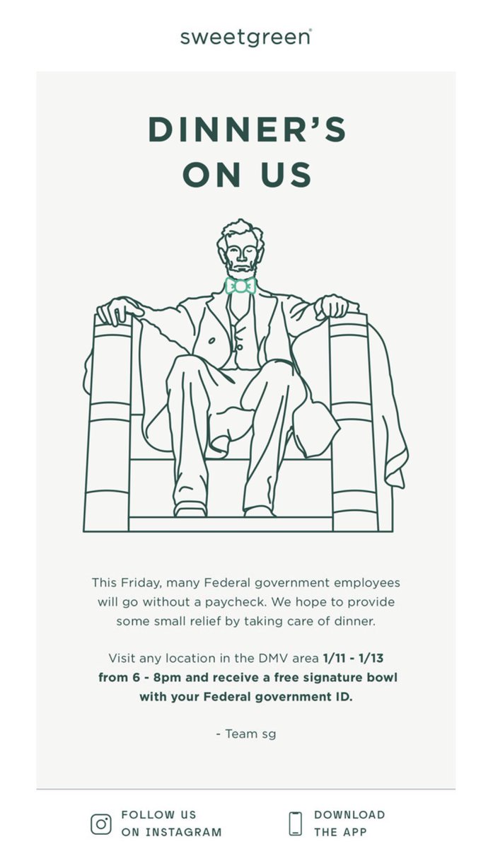 khalilgrell's tweet photo. Proud to see this e-mail in my inbox. Thanks @sweetgreen for your empathy for those affected by the shutdown. #empathy #marketing #business https://t.co/LHpvrWTt1C