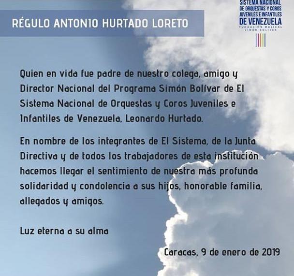 El Sistema Guárico se une al duelo que embarga a la familia Hurtado Marcano por el sensible fallecimiento del señor Regulo Antonio Hurtado Loreto, padre de nuestro querido profesor Leonardo Hurtado, gerente nacional del Programa Simón Bolívar. Paz a su alma.