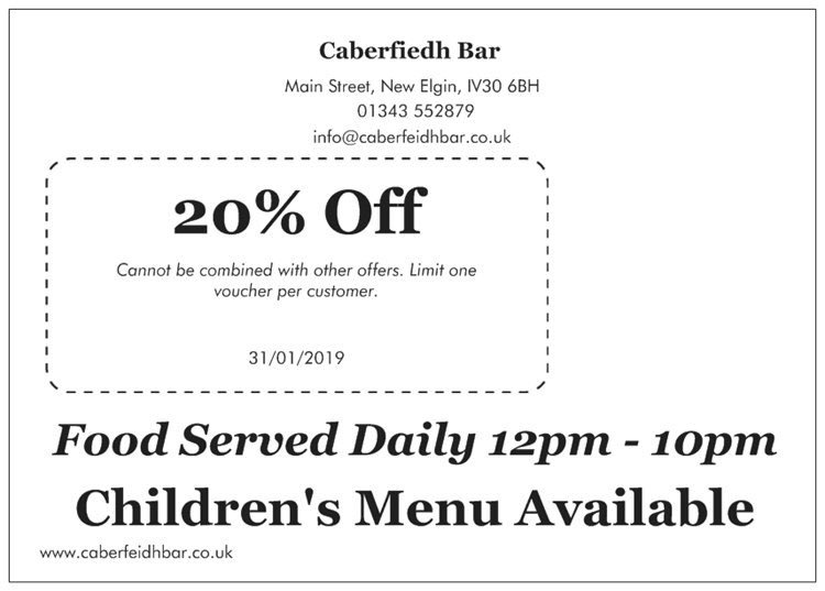 Beat the January blues and get 20% off all food until the end of January. Go treat yourself and family. #morayfood #elgin #elgintown #moray #elginmoray #food #offers #caberfeidhbar #januaryblues #discount #morayshire