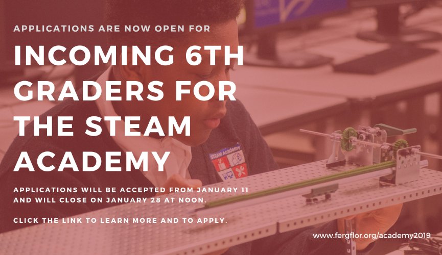 FergFlorSchools's tweet photo. The FFSD STEAM Academy is currently accepting applications for incoming sixth graders for the 2019-20 school year. The application window will be open from January 11 and will close on Monday, January 28, at noon.

Please visit https://t.co/DZ3uJe4gNp to learn more and to apply. https://t.co/ID8eqP35NW
