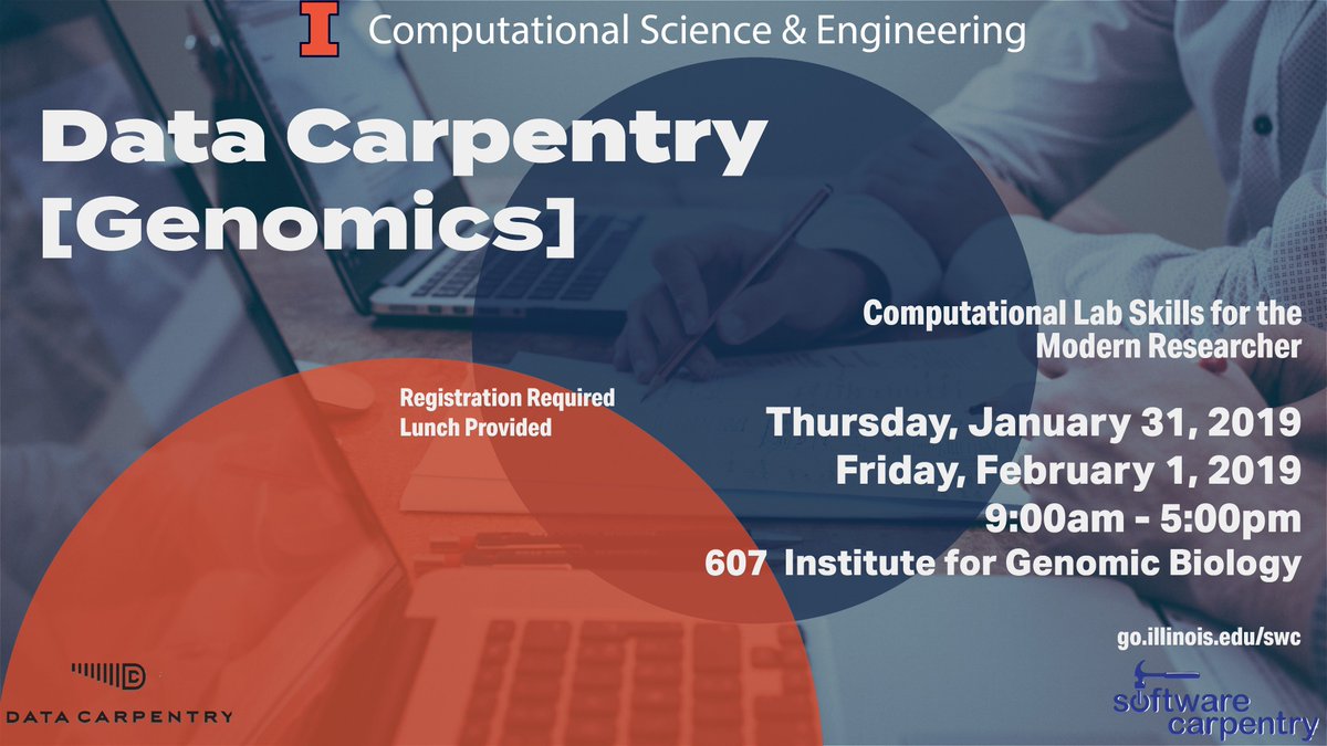 cse_uiuc's tweet photo. January 31 – February 1, 2019
9:00am – 4:30pm
607  Institute for Genomic Biology

Project management skills for task and data management
Task automation using the command line (Bash)
Programming with the R scripting language

https://t.co/qJOmzX4yKY https://t.co/itHYtFbzLP