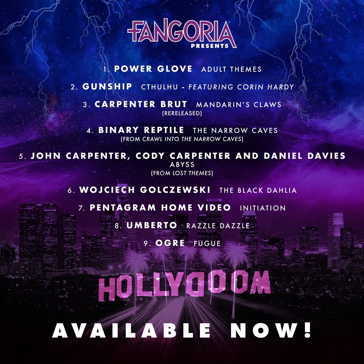 FANGORIA's tweet photo. 🎹 FANGORIA Presents #HOLLYDOOM 🎹 is available NOW! It's the perfect synth wave companion while you read FANGORIA magazine! Featuring music from @TheHorrorMaster Cody Carpenter, Daniel Davies, @GUNSHIPMUSIC @carpenter_brut and more! Get it here https://t.co/iMoghZg69M https://t.co/jnt8byz7Oz
