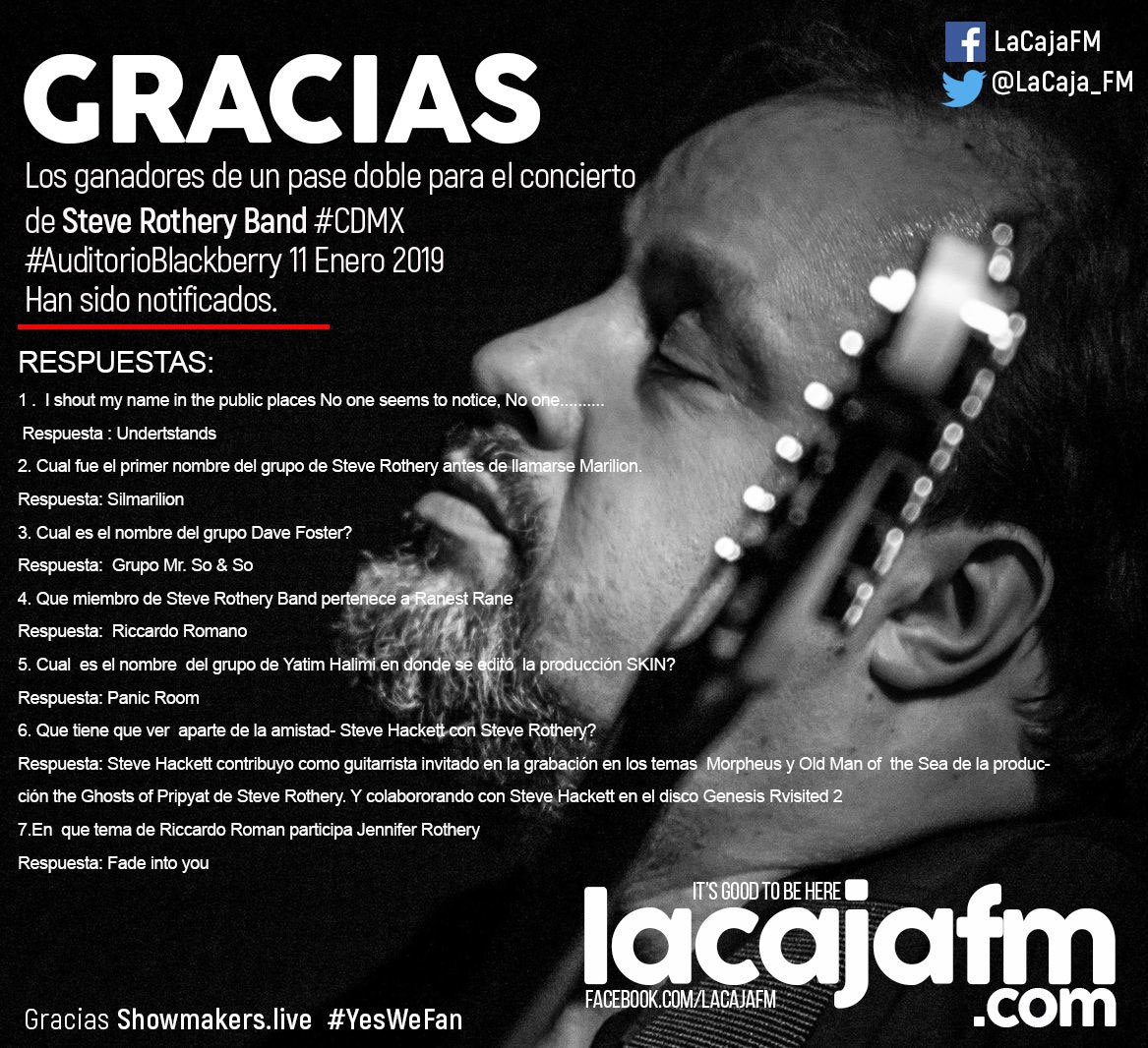 LaCaja_fm's tweet photo. Gracias a todos nuestros amigos que participaron en la trivia por los boletos para #SteveRotheryBand #Marillion 
Los ganadores han sido contactados.
Nos vemos Hoy en el concierto @AuditorioBB https://t.co/7nMue0TNmv #YesWeFan 
Tks @SHOWMakersLive @MarchanteMusic https://t.co/B9kDxXrrtB