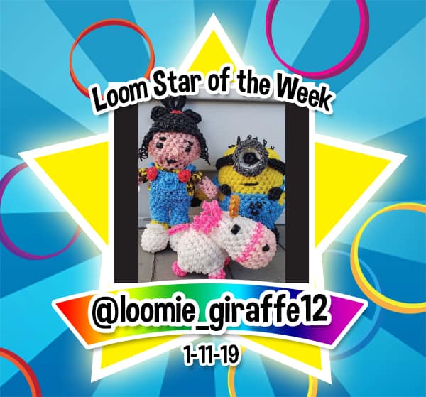 RainbowLoom's tweet photo. Congratulations to @loomie_giraffe12 you are Loom Star of the Week!💫 Your Dispicaple Me family is simply adorable.🦄 Agnes and unicorn design by @loomie_giraffe12 Minion design by @loomingwithcheryl #LSOW #RLstar https://t.co/7YRonl1Sax