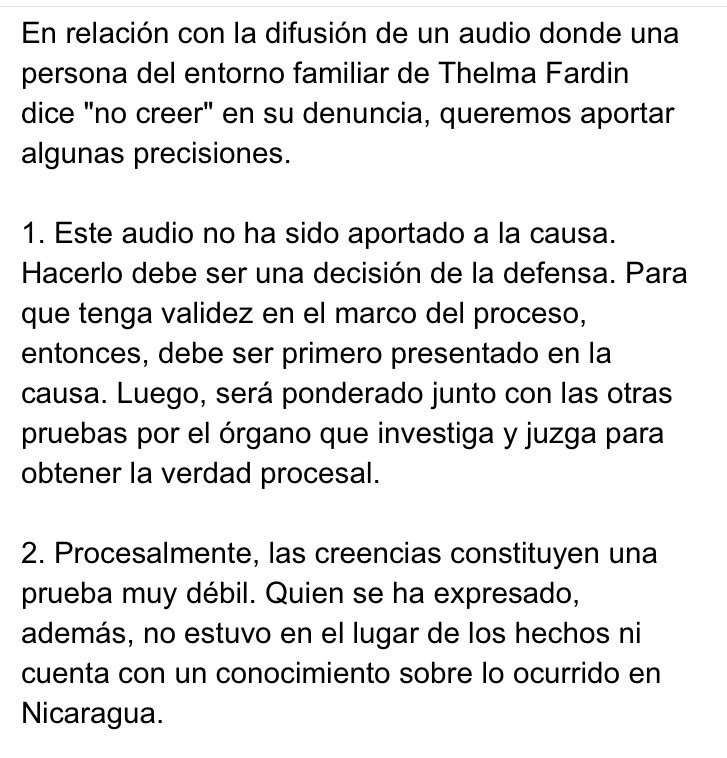 florencialcaraz's tweet photo. [AHORA] Comunicado de Sabrina Cartabia (@MissOprostol) en relación al audio que está circulando sobre la denuncia de Thelma Fardín. Esta es información oficial que aporta precisiones. Difundan por favor: https://t.co/vLgX1qwUzx
