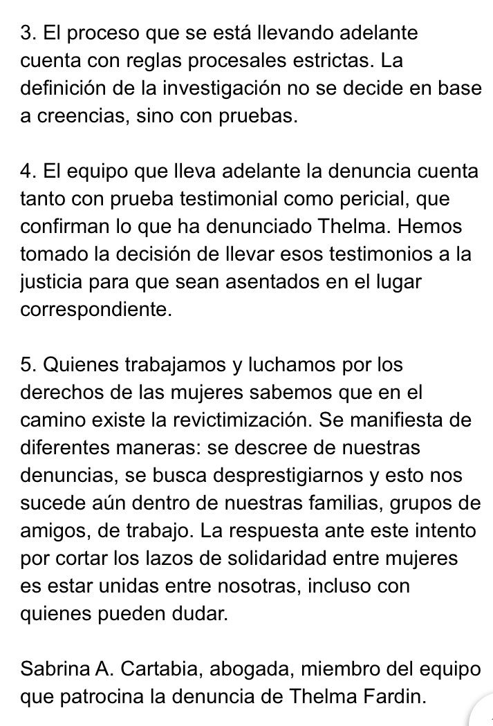 florencialcaraz's tweet photo. [AHORA] Comunicado de Sabrina Cartabia (@MissOprostol) en relación al audio que está circulando sobre la denuncia de Thelma Fardín. Esta es información oficial que aporta precisiones. Difundan por favor: https://t.co/vLgX1qwUzx
