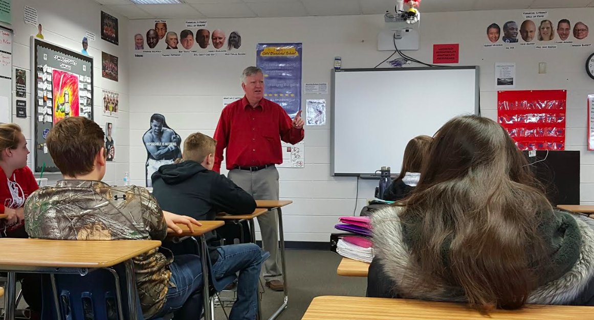 blackhawknic's tweet photo. Terry McCann, retired teacher/business owner, visited all five @MHSFinLit classes today to discuss wealth building including long-term goal setting, avoiding financial disasters, and record keeping. Thanks Terry! #fleschat #prepare4life #miltoninnovation #classof1973 #buildwealth https://t.co/sQuM1zdZNL
