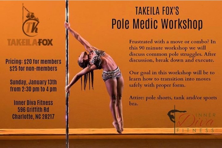 InnerDivaFit's tweet photo. Due to the expected bad weather Takeila Fox's #PoleMedic workshop has been  rescheduled.
• Jan. 20th
• 2:30 PM - 4 PM
• $20 for Members &amp; $25 for Non-Members.
Join online at https://t.co/qzgfkKX7NJ and we'll see you there! https://t.co/xQUNHqCTxd
