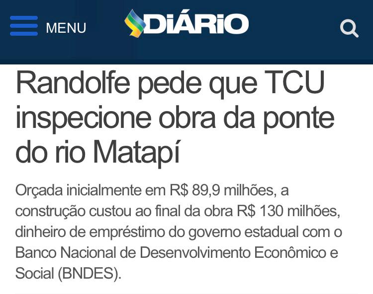 randolfeap's tweet photo. Apresentamos o pedido de auditoria e inspeção do TCU nas obras de Construção da ponte do rio Matapi depois do grave risco de desabamento por afastamento de parte da estrutura em uma das colunas de sustentação, fato ocorrido há apenas 36 meses de uso da estrutura. #Amapá https://t.co/2G91fF8x6T