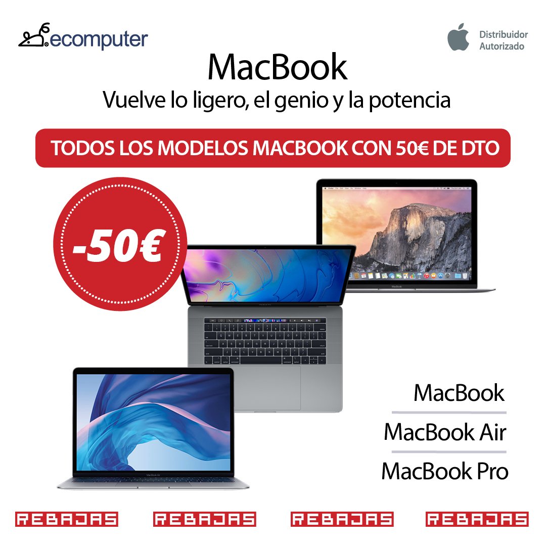 Ecomputer_'s tweet photo. 🔴¡REBAJAS!🔴 ¡Es el momento! Ahora puedes hacerte con tu MacBook, MacBook Air y MacBook Pro con un descuento de 50 euros 👏 Empieza el año con fuerza y regálate la mejor tecnología 🎁 Promoción disponible en tu tienda Ecomputer #Ecomputer #MacBook #Apple #TiendaEcomputer https://t.co/bvbjjUqZ5c