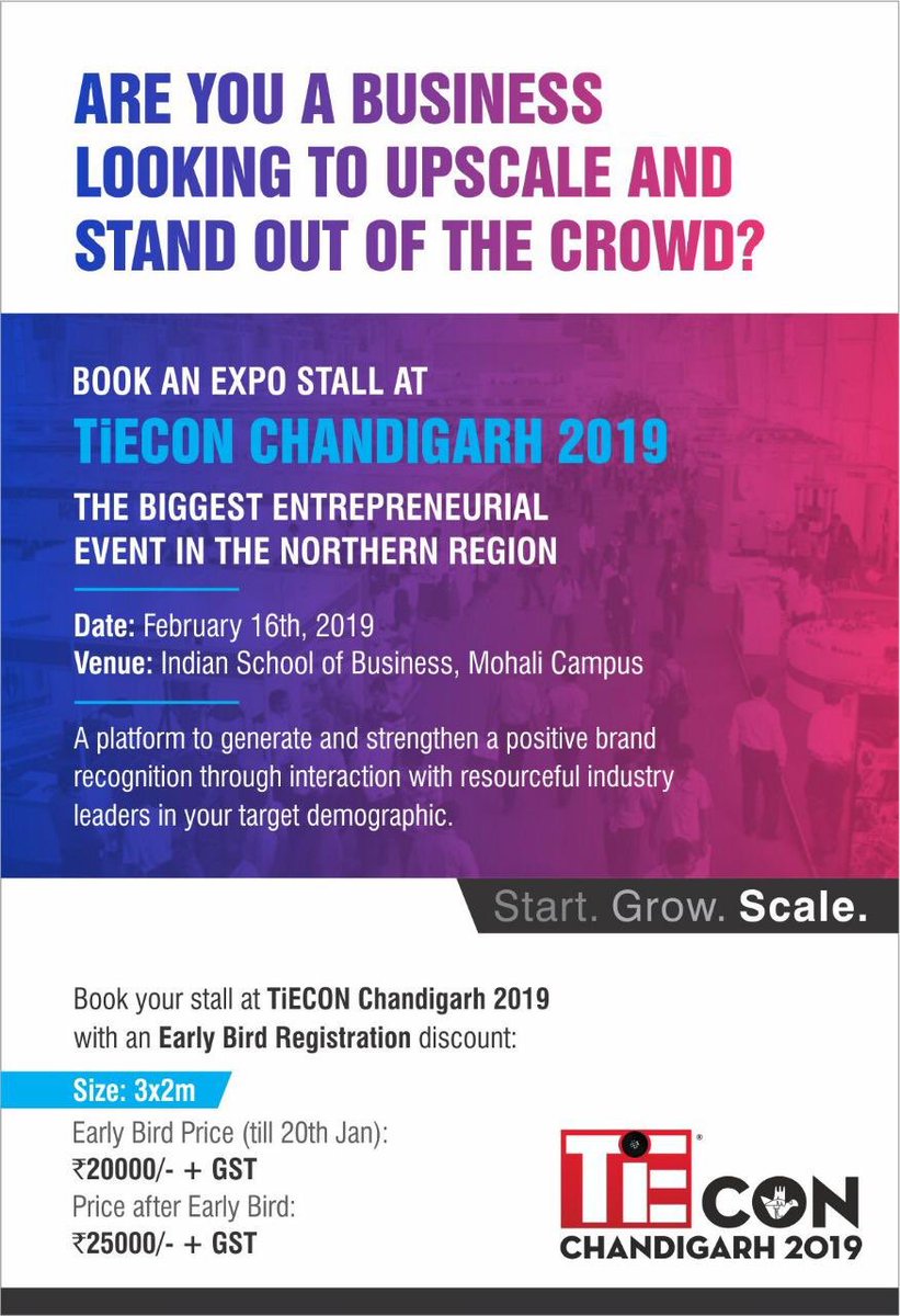TiEChandigarhs's tweet photo. Book an Expo stall at the biggest entrepreneurial event in the north, TiECON Chandigarh 2019 at Indian School of Business, Mohali Campus on February 16th. Early bird discount until Jan 20th. Email us at ed@tiechandigarh.org. Book Now! https://t.co/PgvyA4XVDs