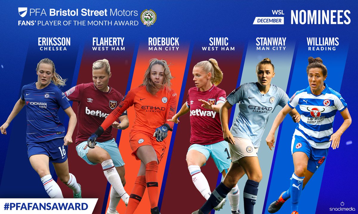 PFA's tweet photo. 🏆 | The nominees for the PFA @BristolStMotors FA WSL Fans' Player of the Month…

🇸🇪 @MagdaEricsson
🏴󠁧󠁢󠁥󠁮󠁧󠁿 @Gilly_flaherty 
🏴󠁧󠁢󠁥󠁮󠁧󠁿 @EllieRoebuck_
🇩🇪 @juliasimic
🏴󠁧󠁢󠁥󠁮󠁧󠁿 @StanwayGeorgia
🏴󠁧󠁢󠁥󠁮󠁧󠁿 @fara_williams47

#PFAFansAward Who gets your vote? 👉 https://t.co/su5HP8FhQb https://t.co/DW4jhPFWuT