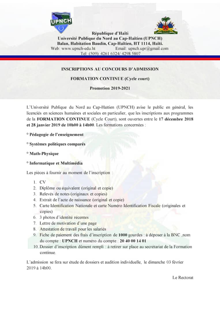 Les inscriptions pour le 2em et le Cycle court se poursuivent a l'UPNCH. Université Publique du Nordvau Cap-Haitien.