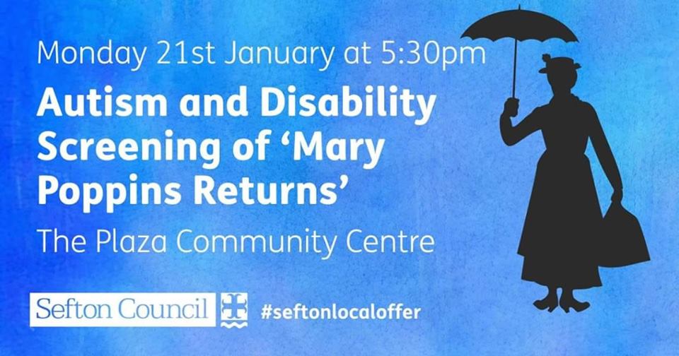 OSSME_AI's tweet photo. A spoonfull of sugar...and maybe some #popcorn? Check out this special #Autism &amp; #disability friendly screening of #MaryPoppinsReturns at @Plazacinema later this month. #cinema #seftonlocaloffer #sefton https://t.co/K2G7lWkK7M