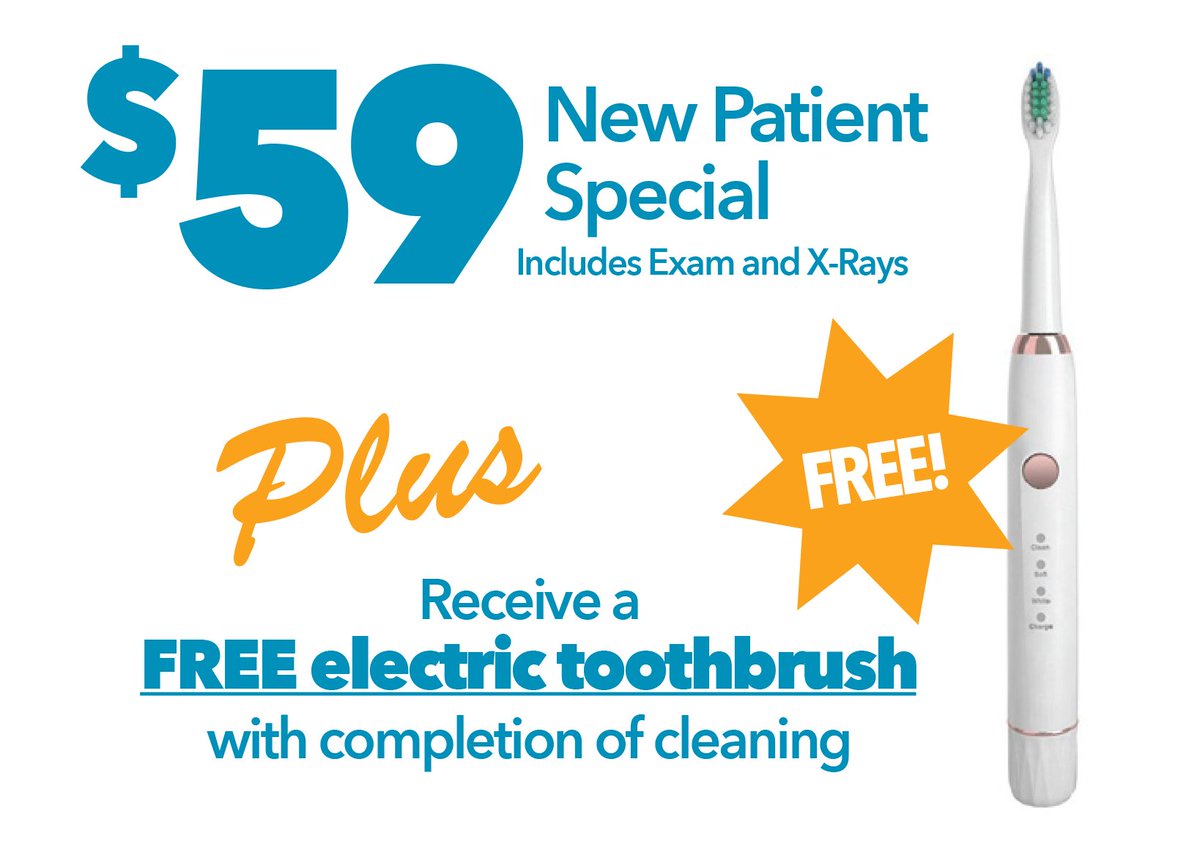 Take advantage of our $59 New Patient Special! Receive a FREE electric toothbrush with the completion of a cleaning!