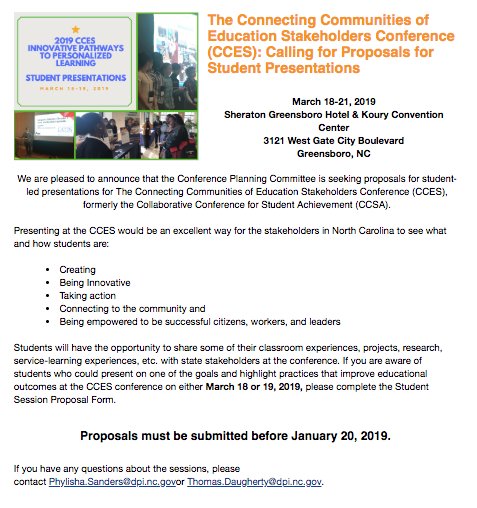 DPI_SSTeam's tweet photo. Proposals for student-led presentations for the CCES Conference are still being collected. Please share this opportunity: https://t.co/Dw2IE7L4x7
@ncglobaled @ncpublicschools @NCBFIT @NCDPI_ELs @ncdpiDTL @ncceeoutreach @ncmtss @NCDPIELATEAM @DPIWellness @ARTSEDNC @ncdpiCCES https://t.co/NfrQm2xRQm