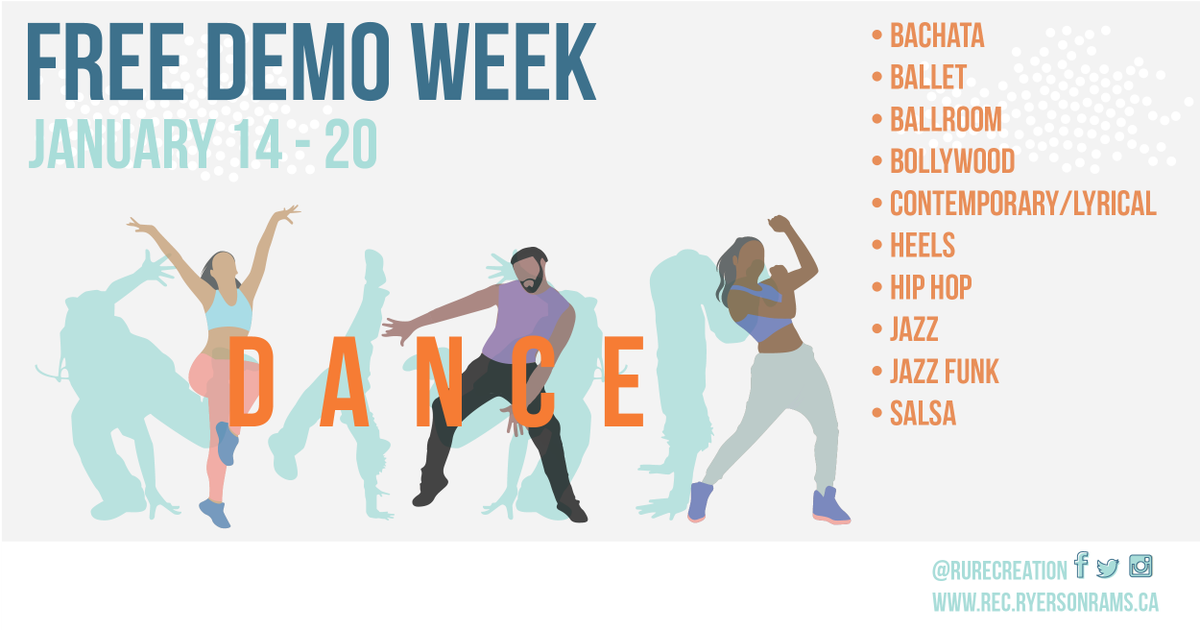 recreationtmu's tweet photo. Looking to learn or perfect a new dance style? You can try everything from ballet to Bollywood during #FreeDemoWeek2019!
Click here for the full schedule and to RSVP: https://t.co/RbVl6saRk6
See you on the dance floor!π https://t.co/Ma43lSrzsV