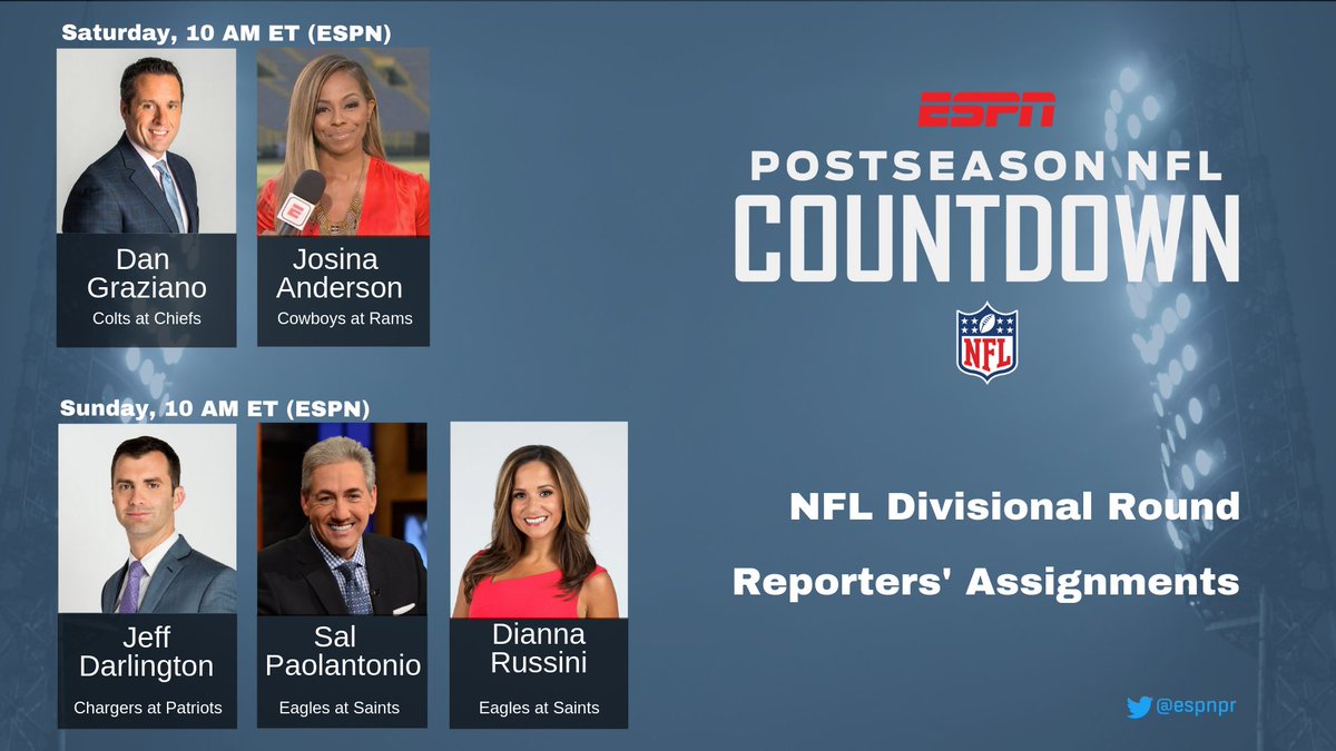 Mac_Nwulu's tweet photo. Check out @ESPNNFL reporters - @DanGrazianoESPN @JosinaAnderson @JeffDarlington Sal Pal & @diannaESPN - for need-to-know info on the greatest weekend in football #DivisionalRoundWeekend https://t.co/vKSTtc7B6U