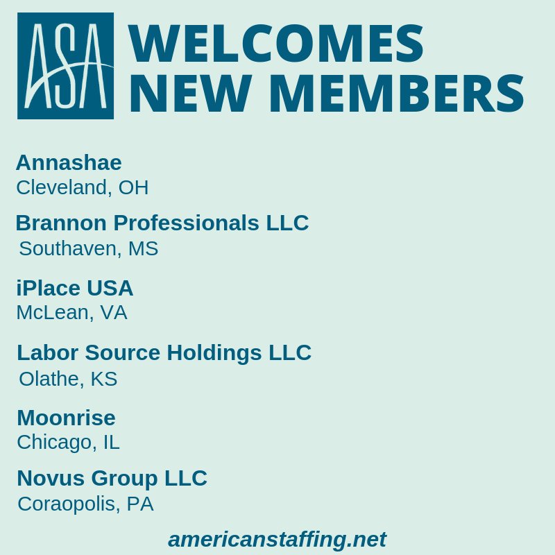 StaffingTweets's tweet photo. Welcome! Please let us know if you have questions about how to best take advantage of your new ASA membership @AnnashaeStaff @StaffingThe901 @iPlaceUSA Labor Holdings LLC @GoMoonrise Novus Group LLC https://t.co/idLH97hpVh #MyASA https://t.co/z2xM2GXxX5
