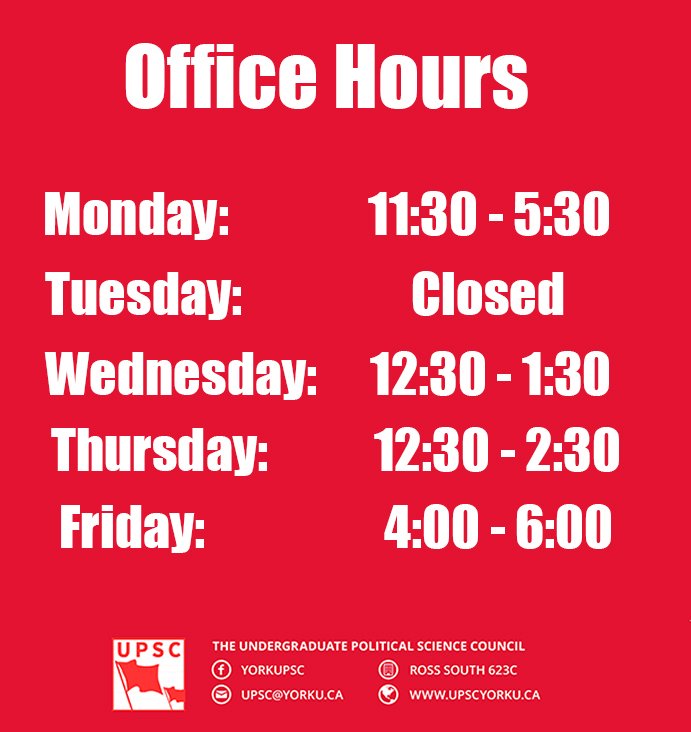 YorkUPSC's tweet photo. Hey everyone, we've just updated our office hours for the winter term! Here are our new office hours: https://t.co/hHhsNHHDJ6