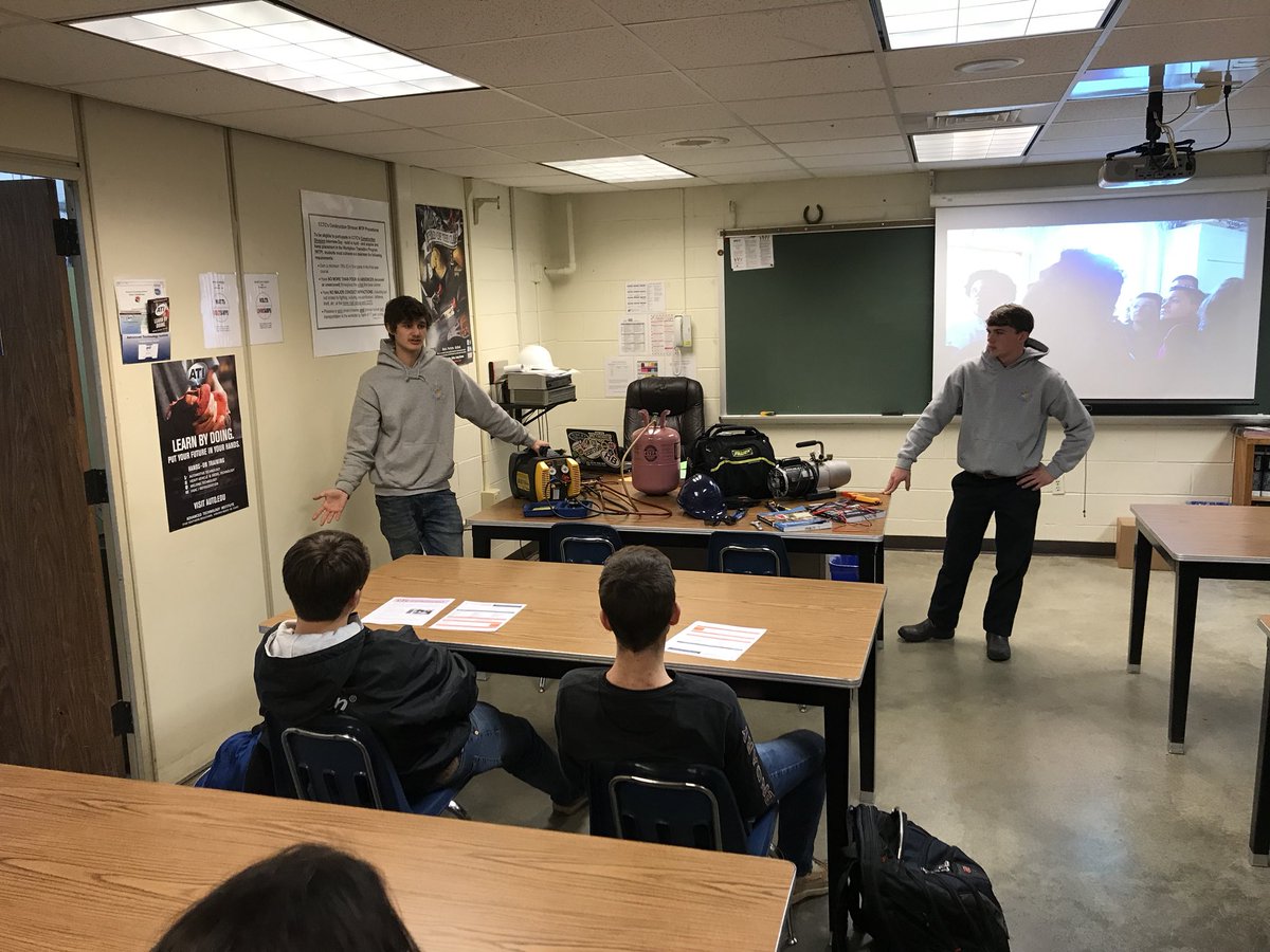 HVACTC's tweet photo. Just completed the first session of day 2, had some great interactions with Matoaca and Thomas Dale students. Once again @Michael39559018 and Gage nailed it. #oneCCPS #ccpsCTE #HVAC https://t.co/8ZlMsgEBxb