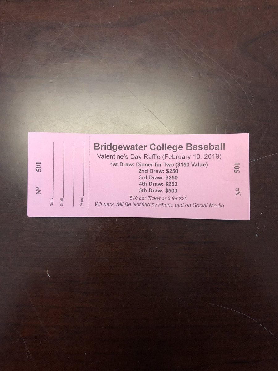 BwaterBaseball's tweet photo. BC Baseball is selling tickets for a Valentines Day raffle fundraiser. Prizes include a $150 value dinner for 2 and cash prizes. Winners drawn on February 10th. Tickets are $10 or 3 for $25. See a player to get yours today! #Earnit https://t.co/Z5P5rWTFGo