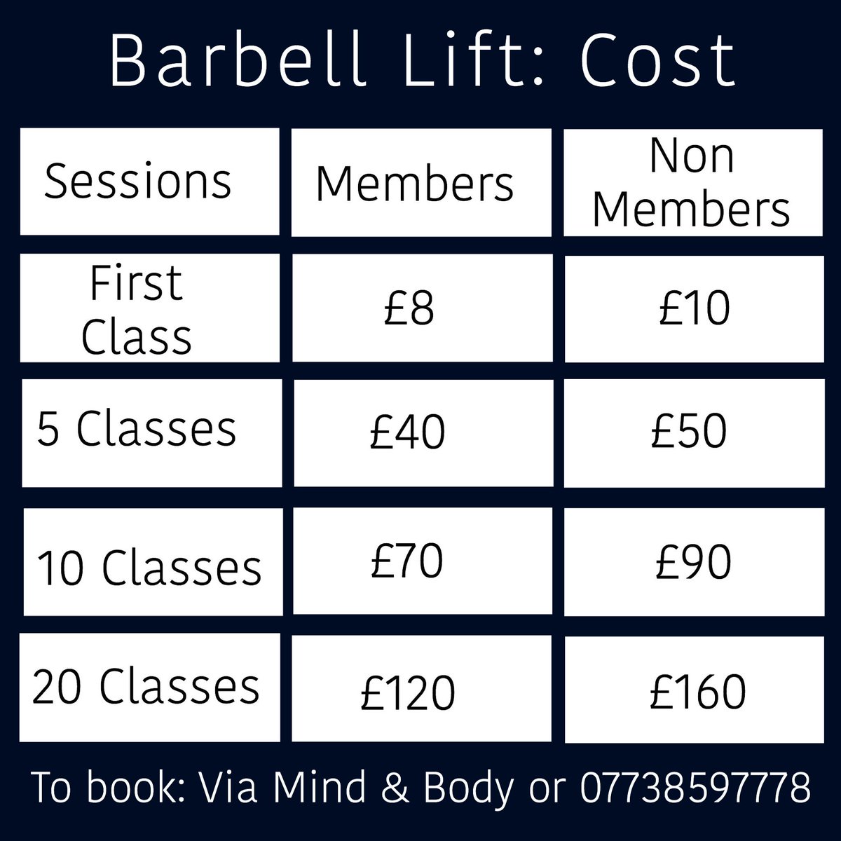 Absolute__Move's tweet image. Barbell Lift costs for studio members &amp;amp; non-members. Book through the Mind &amp;amp; Body app or message/call 07738597778. All sessions beginner friendly and suitable for absolute beginners to exercise. 

absolutemove.co.uk