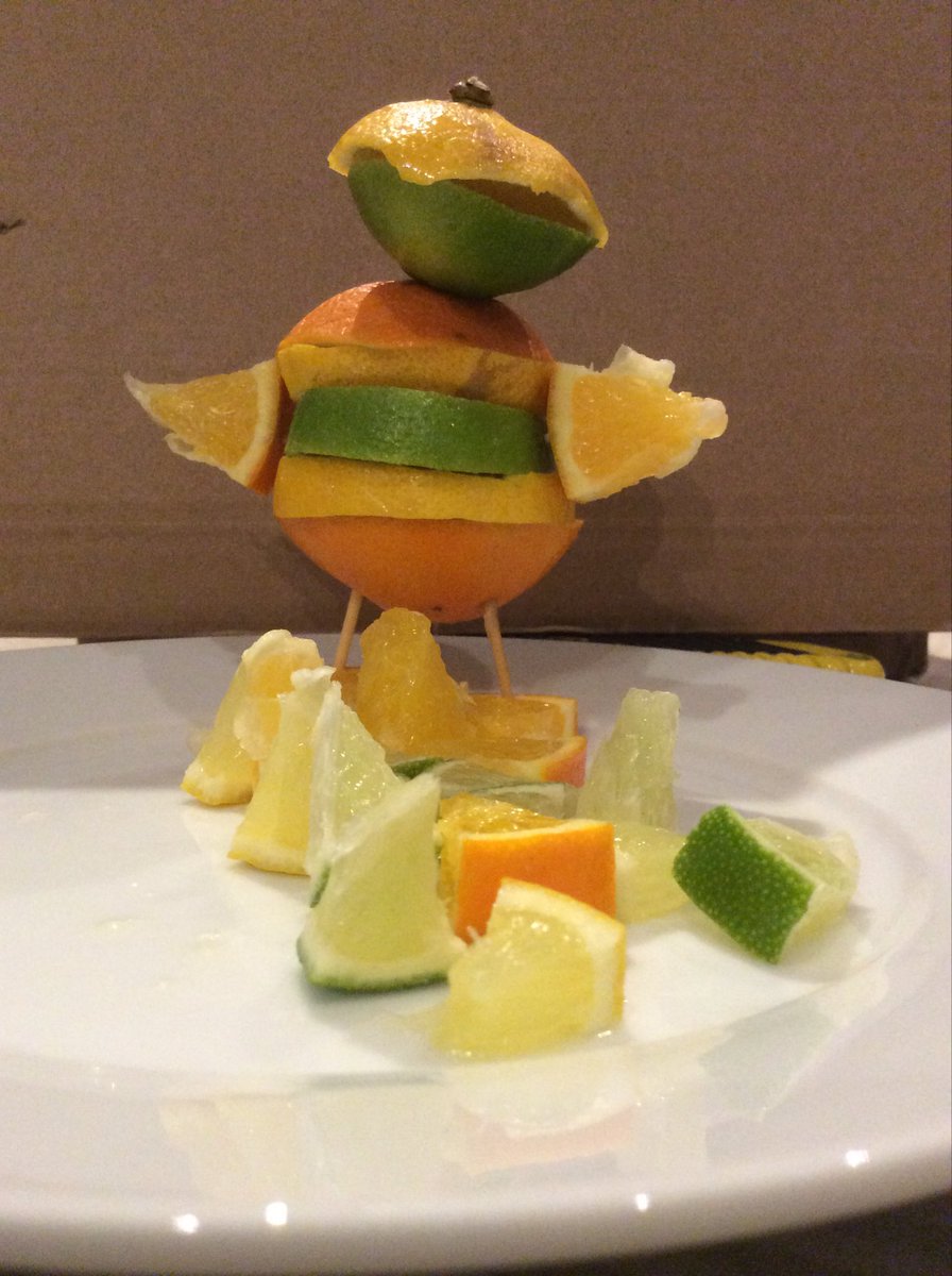 Toiras's tweet photo. Pitiful Mr Citrus surveys a scene of carnage and flaps his orange wings #TheJanuaryChallenge #64millionartists ⁦@64M_Artists⁩ #callthatart? https://t.co/KqGIU5WJmk