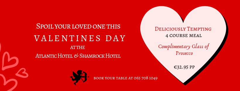 Why not treat your loved one to a Romantic Valentines Meal here with us? Enjoy a Complimentary Glass of Prosecco and with a bit of weather luck even the sunset and a romantic walk down the Lahinch Beach 💞 Call now and secure your table at 065 708 1049