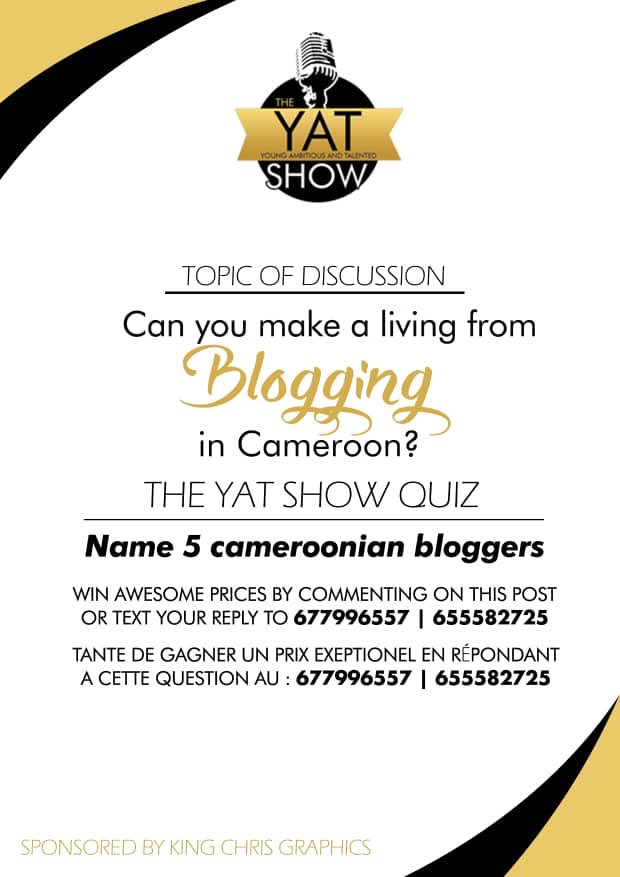 theYATshow's tweet photo. Who is a blogger? Can youths make a living from Blogging in Cameroon? Pour en savoir plus, rejoins nous  et notre expert,  bloggueur,  Editeur en Chef du meilleur site de promotion et de divertissement https://t.co/PASNydEYZF, VICTOR KANGE
📻🎙☀️🔥  #yougotthis https://t.co/NKK3BtxZyS