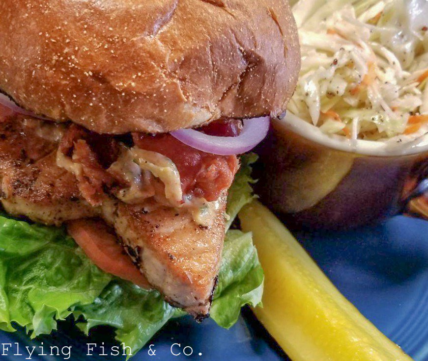 WVFlyingFish's tweet image. Since everyone went so crazy over yesterday’s special, let’s do something similar--blackened tuna on brioche, topped with fresh veggies, BACON, and southwestern-style lime aioli. Served with our zesty Carolina slaw. 😛😛😛