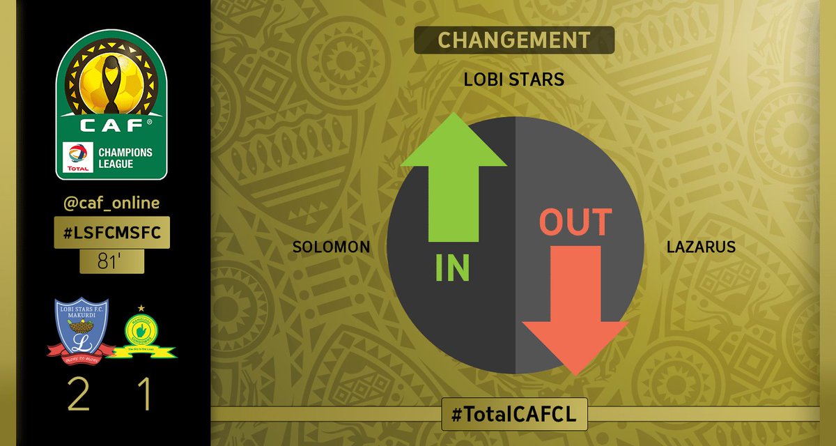 caf_online_FR's tweet photo. REMPLACEMENT | Lobi Stars : Kwambe Solomon rentre ร la place de John Lazarus ร la 81' minute #TotalCAFCL #LSFCMSFC https://t.co/DF7XEvEihS