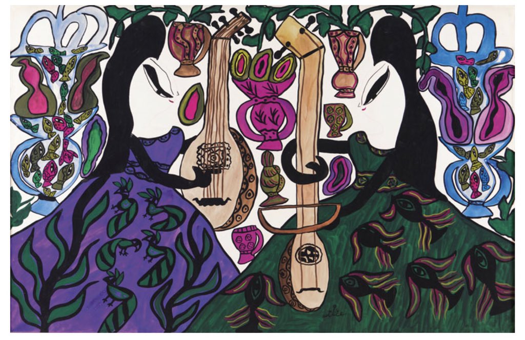 Baya (Baya Mahieddine, born Fatima Haddad, Algerian artist 1931-1998, Bordj El Kiffan, Algeria) The two musicians, gouache and graphite on paper, 1966The Two Musicians was painted just a few years after the conclusion of the Algerian War of Independence 1954–1962.  #art  #algeria