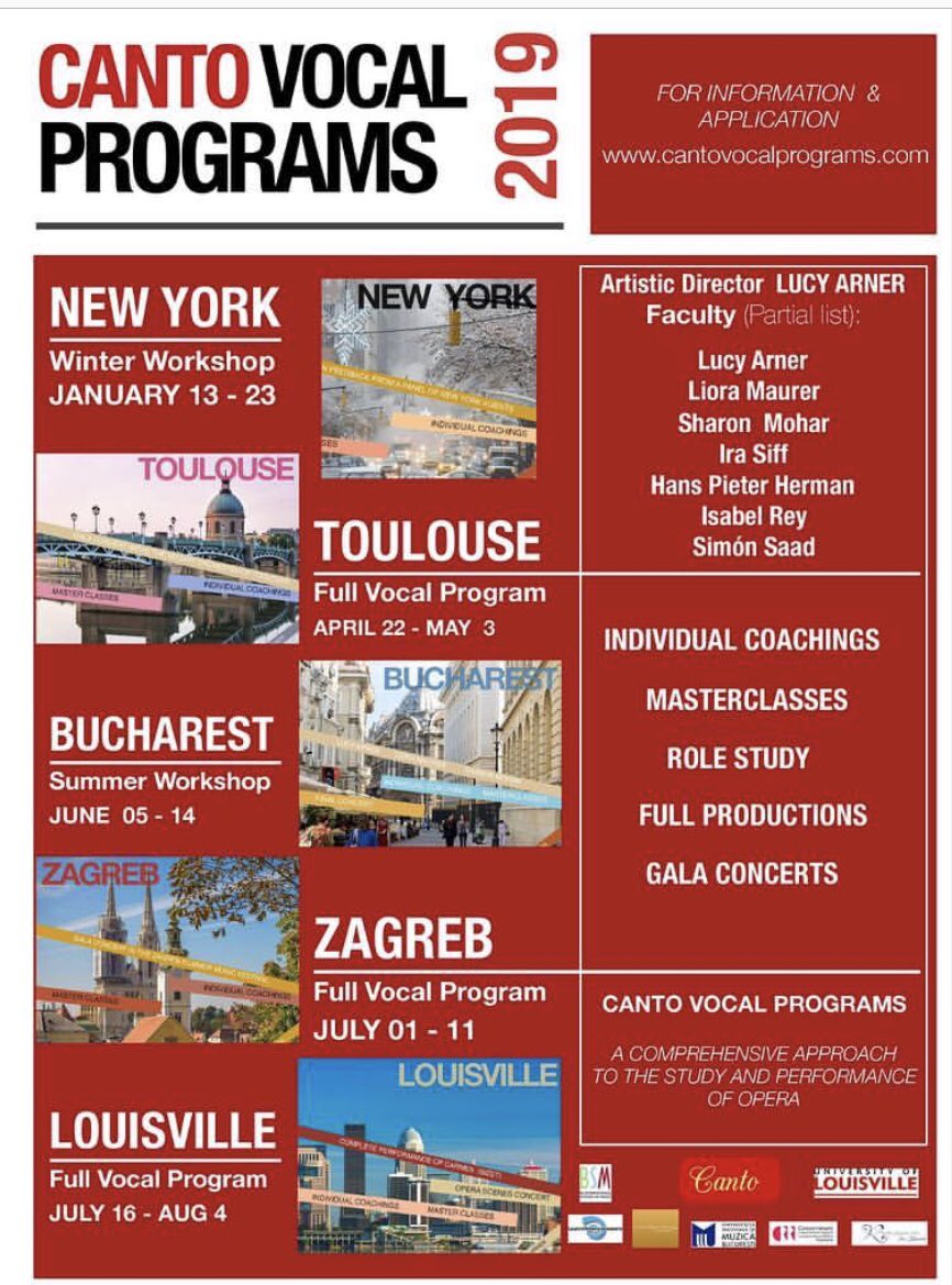 Gran oportunidad de hacer un trabajo intensivo con grandes profesionales de renombre internacional.
#opera #operasinger #art #music #operasingersoftwitter #artist #metopera #training #classicalmusic #travel #Louisville #Toulouse #Bucharest #Zagreb #vocalprograms