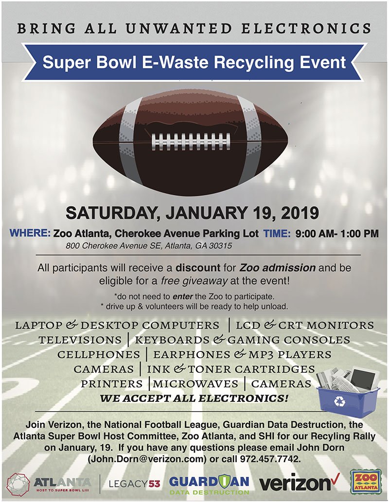 guardian_data's tweet photo. As a combined effort, Guardian, NFL, Verizon, along with others are co-hosting a Super Bowl Recycling Event in Atlanta, Georgia on January 29th! Bring all your unwanted electronics and join us for this event that is open to anyone!
#guardiandatadestruction #wedestroydata https://t.co/6Rxr7dW0tl
