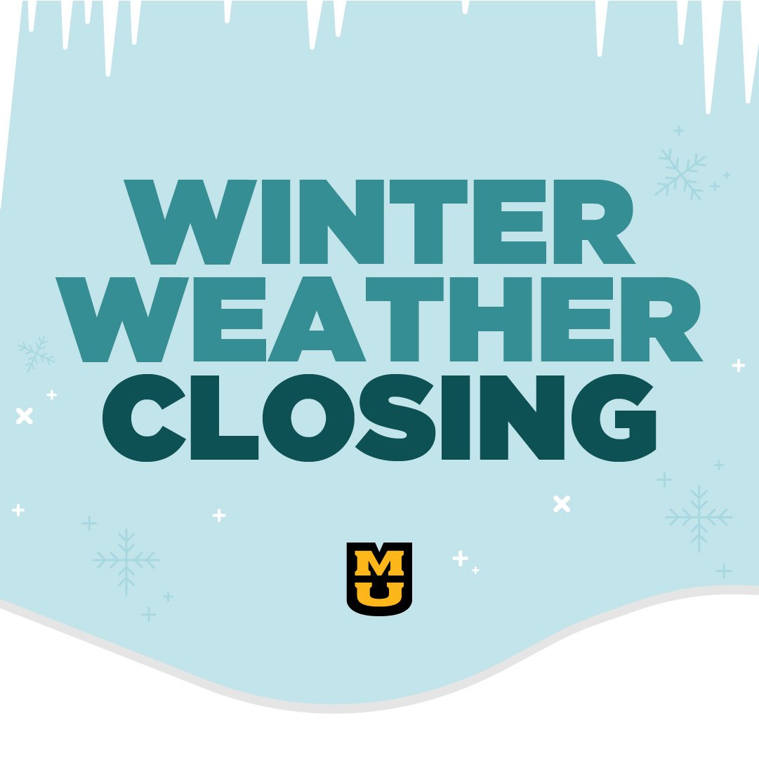 MUStudentUnions's tweet photo. Due to inclement weather, both Memorial Union and the MU Student Center will be closing at 1 p.m. today. Stay safe, Tigers! https://t.co/u0XfyE15XL