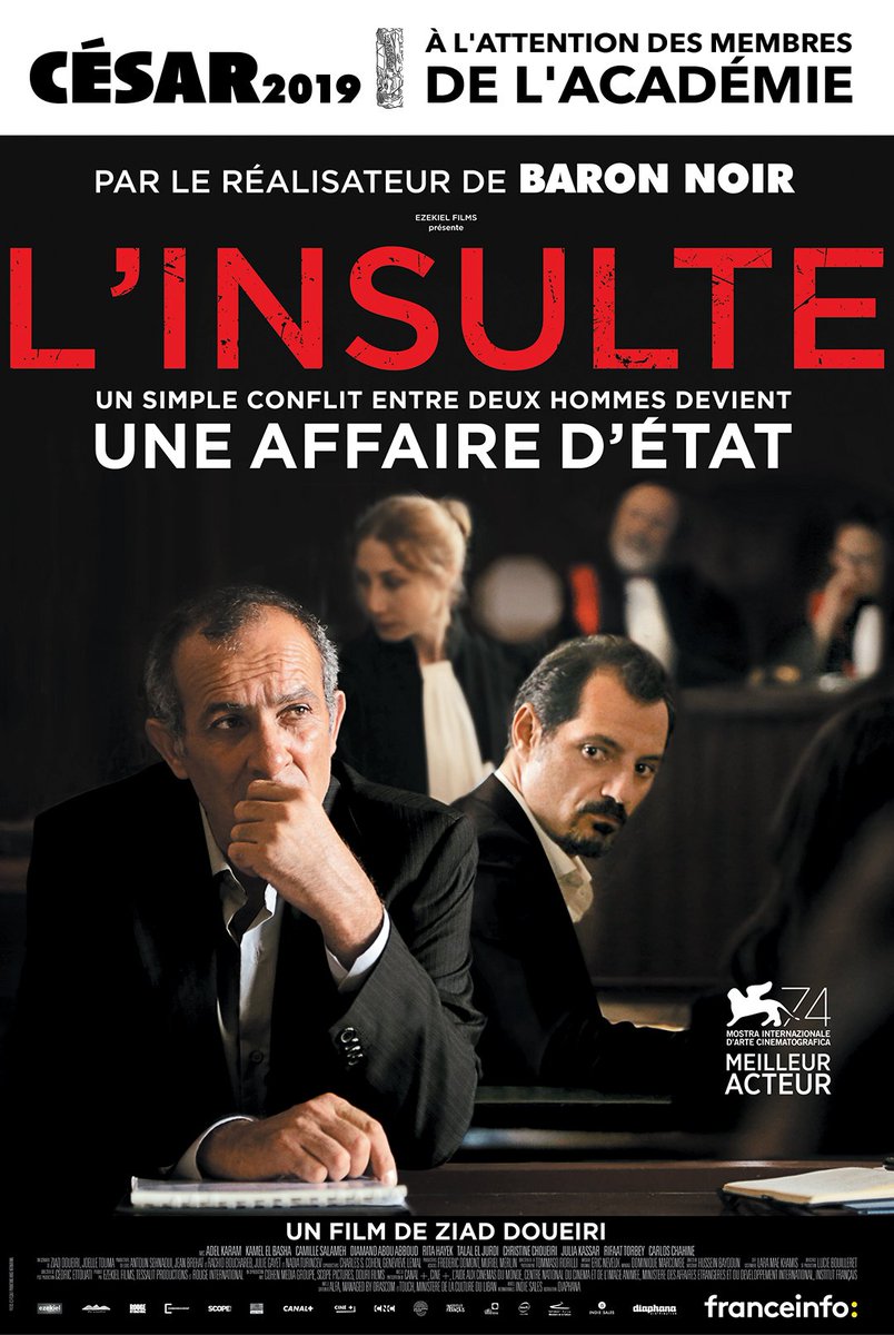 diaphana's tweet photo. A l'attention des membres de l'académie des César 2019, #Linsulte de Ziad Doueiri, avec Adel Karam et Kamel El Basha est éligible dans la catégorie meilleur film étranger. #César2019 https://t.co/rQ6EjFvdfo