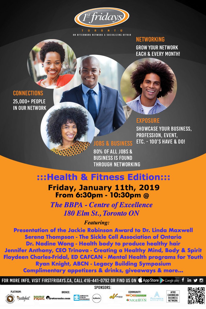 FirstFridaysTO's tweet image. Tonight - 1st Fridays Health & Fitness Edition @TheBBPA Featuring: Presentation of the Jackie Robinson Award to Dr. Linda Maxwell, Dr Nadine Wong, Jennifer Anthony, @CanadianAfrican @acbn & more...
Complimentary appetizers, giveaways & more.. firstfridays.ca