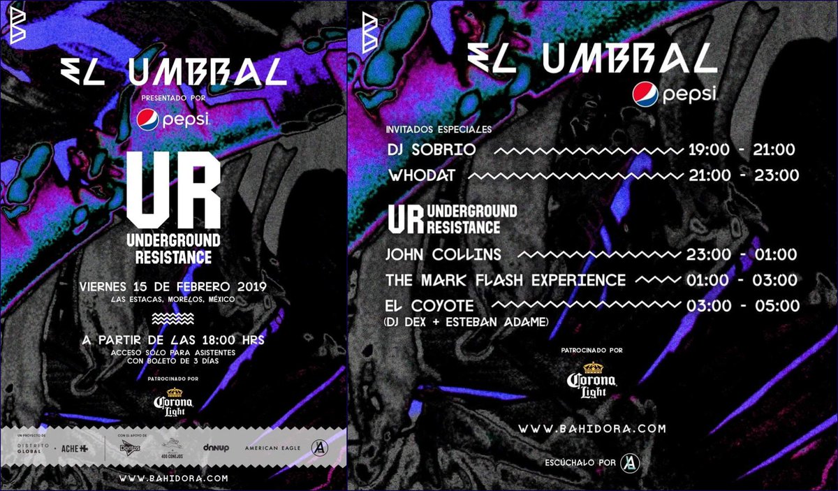 MARKFLASH's tweet photo. FEBRUARY 15th
UNDERGROUND RESISTANCE with
El Coyote (Dj Dex & @Esteban_Adame), John Collins and featuring the new live show called THE MARK FLASH EXPERIENCE @Bahidora Festival, Mexico
#markflash #johncollins #undergroundresistance #estebanadame #djdex #Detroit https://t.co/qQRekXvgog