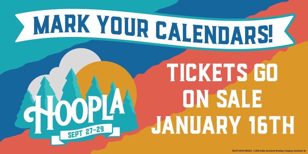 dbbrewingco's tweet photo. Music and beer fans! 2019 Hoopla tickets go on sale NEXT WEEK!! January 16!! Camping, music, beer, adventures at the brewery 🙌 #DevilsBackbone #festival #FallinVA https://t.co/JvlbiK5RLL