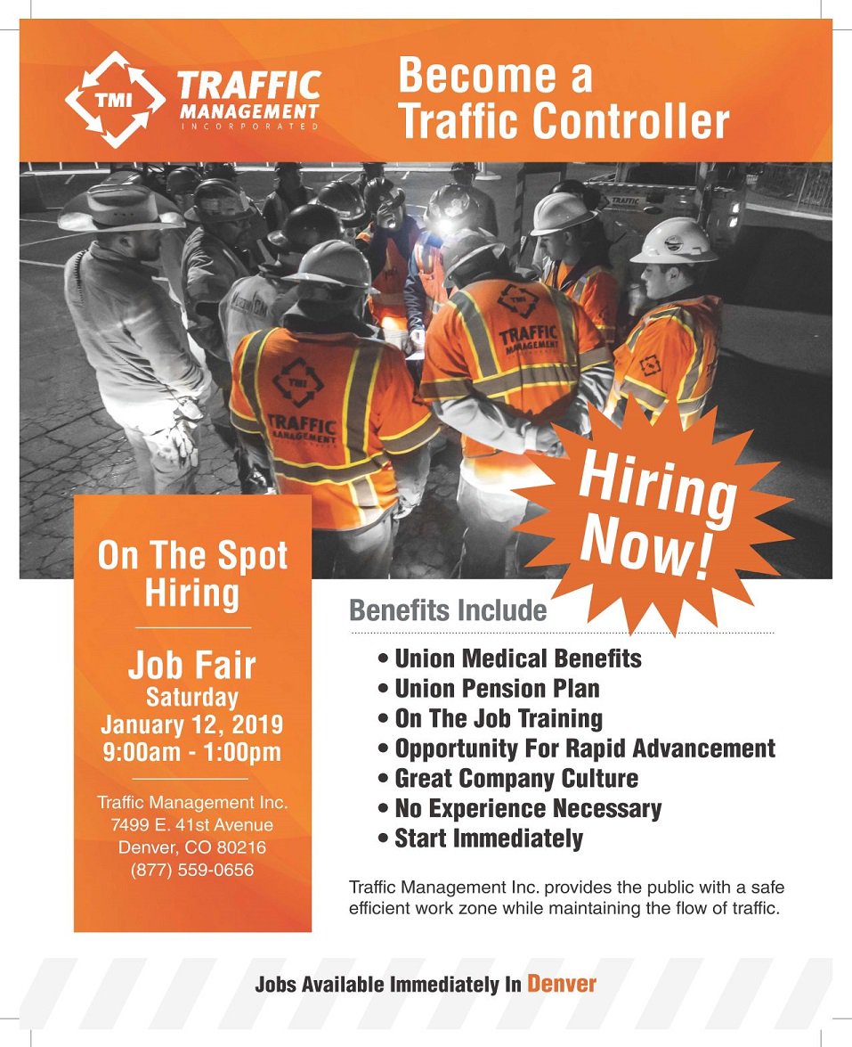 TrafficMgmtInc's tweet photo. Interested in a great #career with TMI? Come to our #JobFair in #Denver, CO. Saturday, 1/12/19. #TrafficManagement,Inc. #TrafficControlJob #TrafficController #HiringNow #Work #training #JobSearch  #JobOpportunity #UnionJob #JobWithBenefits #UnionWages #DenverJobs https://t.co/VzX58tGAj8