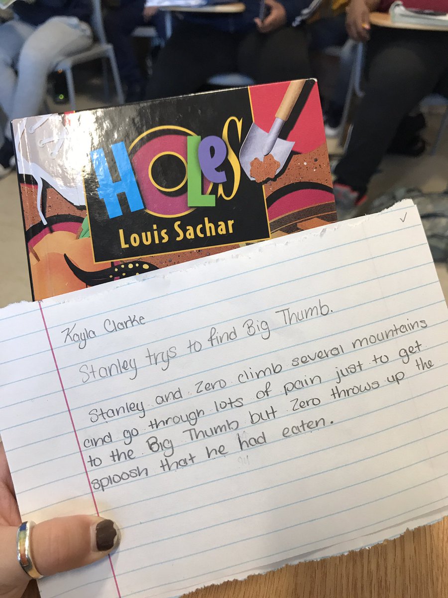 Ms_Koenigsmann's tweet photo. Had some fun writing 6-word and/or tweet summaries for ch. 35-38 of Holes today! @MVCitySchools https://t.co/ez27qBbgry