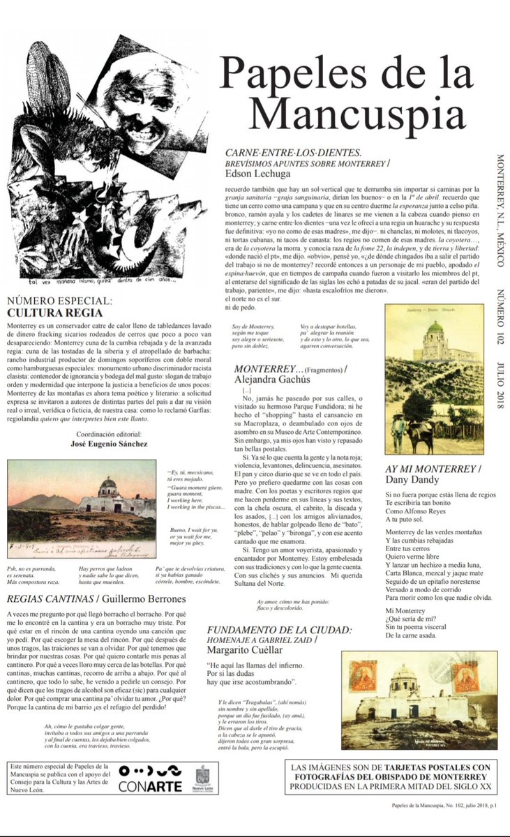 AleGachus's tweet image. Ya salió! El Fanzine "Papeles de la Mancuspia" Tengo el honor y gusto de participar con un fragmento en el Número Especial: "Cultura Regia". Gracias a @conartenl y al buenísimo escritor y poeta #JoséEugenioSánchez por la invitación

papelesdelamancuspia.com