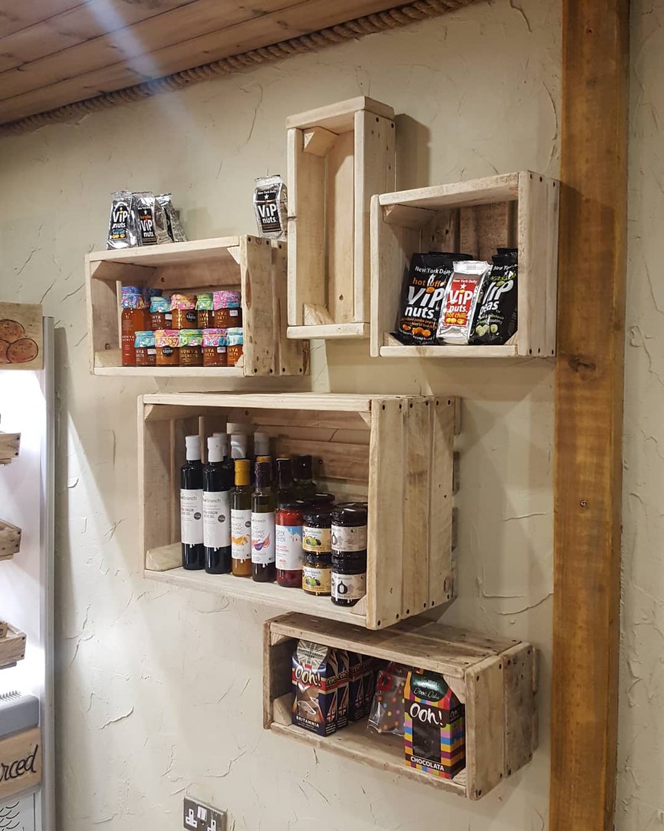 the_wood_stack's tweet photo. Palletwood crates made before Christmas are now up and displaying product in a Farm shop... #thewoodstack #palletcrates #handmade https://t.co/iU2gqJK9UW
